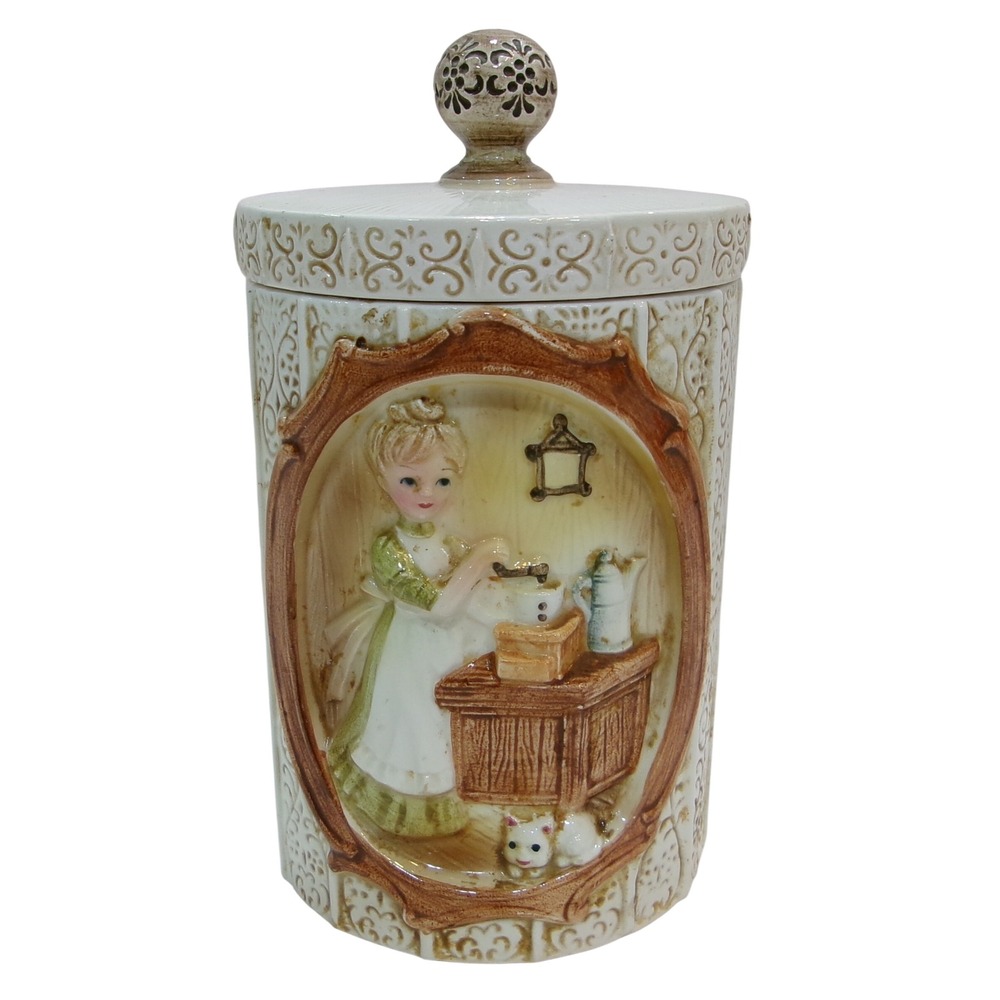 Vintage 1977 Sears Roebuck Japan Ceramic Canister Pioneer Girl Kitchen Scene